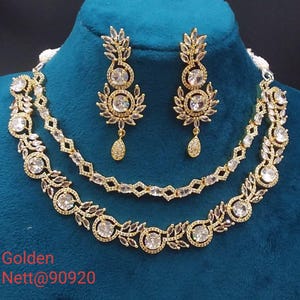 premium gold Plated Sleek Double line NECKLACE Set CZ Stone Made Ethnic Indian Bridal Combo Necklace with Earring American Diamond Set Gold