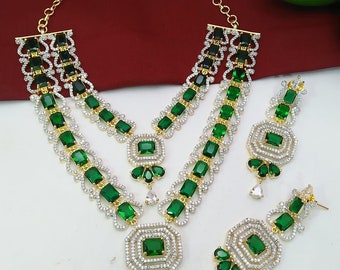 Gold /Silver Plated American DIAMOND, Long Haram NECKLACE set With Earring Double line Complete Bridal Wedding  Indian CZ Jwellery set