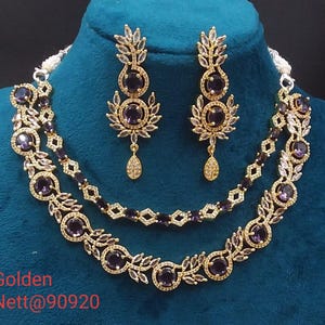 premium gold Plated Sleek Double line NECKLACE Set CZ Stone Made Ethnic Indian Bridal Combo Necklace with Earring American Diamond Set Purple