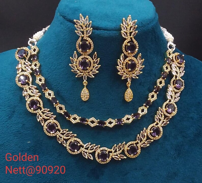 premium gold Plated Sleek Double line NECKLACE Set CZ Stone Made Ethnic Indian Bridal Combo Necklace with Earring American Diamond Set Purple