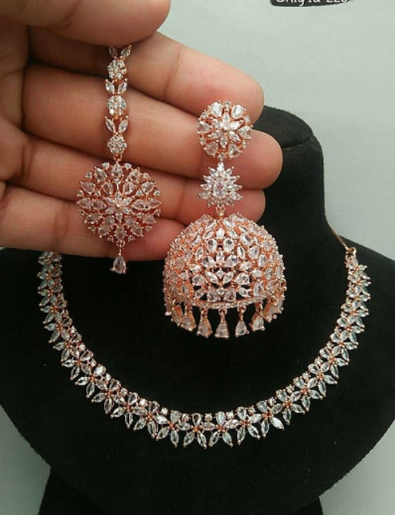 American Diamond rose gold set|Pink Diamond Luxury look CZ Diamond Choker  Necklace|Indian Wedding jewelry |Bollywood bridal set|Gift for her