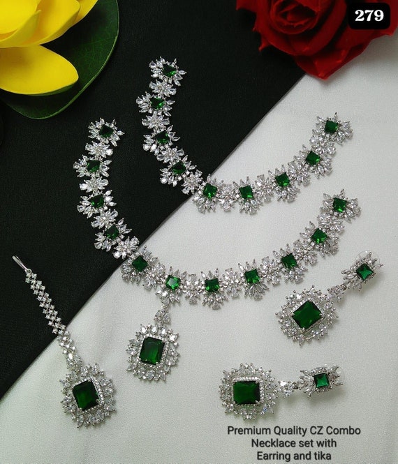 Silver Plated American DIAMOND, Long Double NECKLACE Set With
