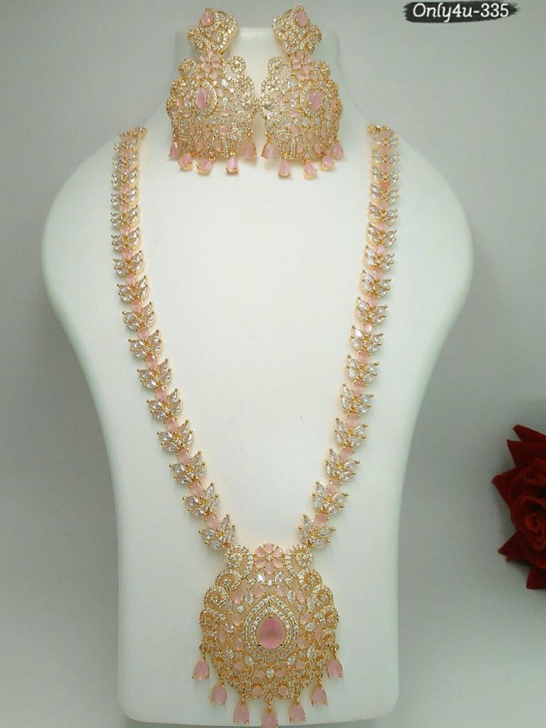 Rose Gold Plated Long NECKLACE Set CZ Stone Made Designer Etsy
