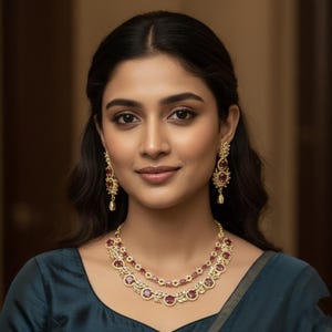 premium gold Plated Sleek Double line NECKLACE Set CZ Stone Made Ethnic Indian Bridal Combo Necklace with Earring American Diamond Set image 11