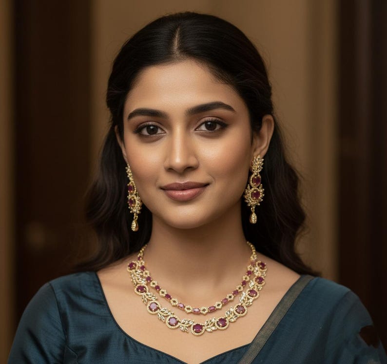 premium gold Plated Sleek Double line NECKLACE Set CZ Stone Made Ethnic Indian Bridal Combo Necklace with Earring American Diamond Set image 11