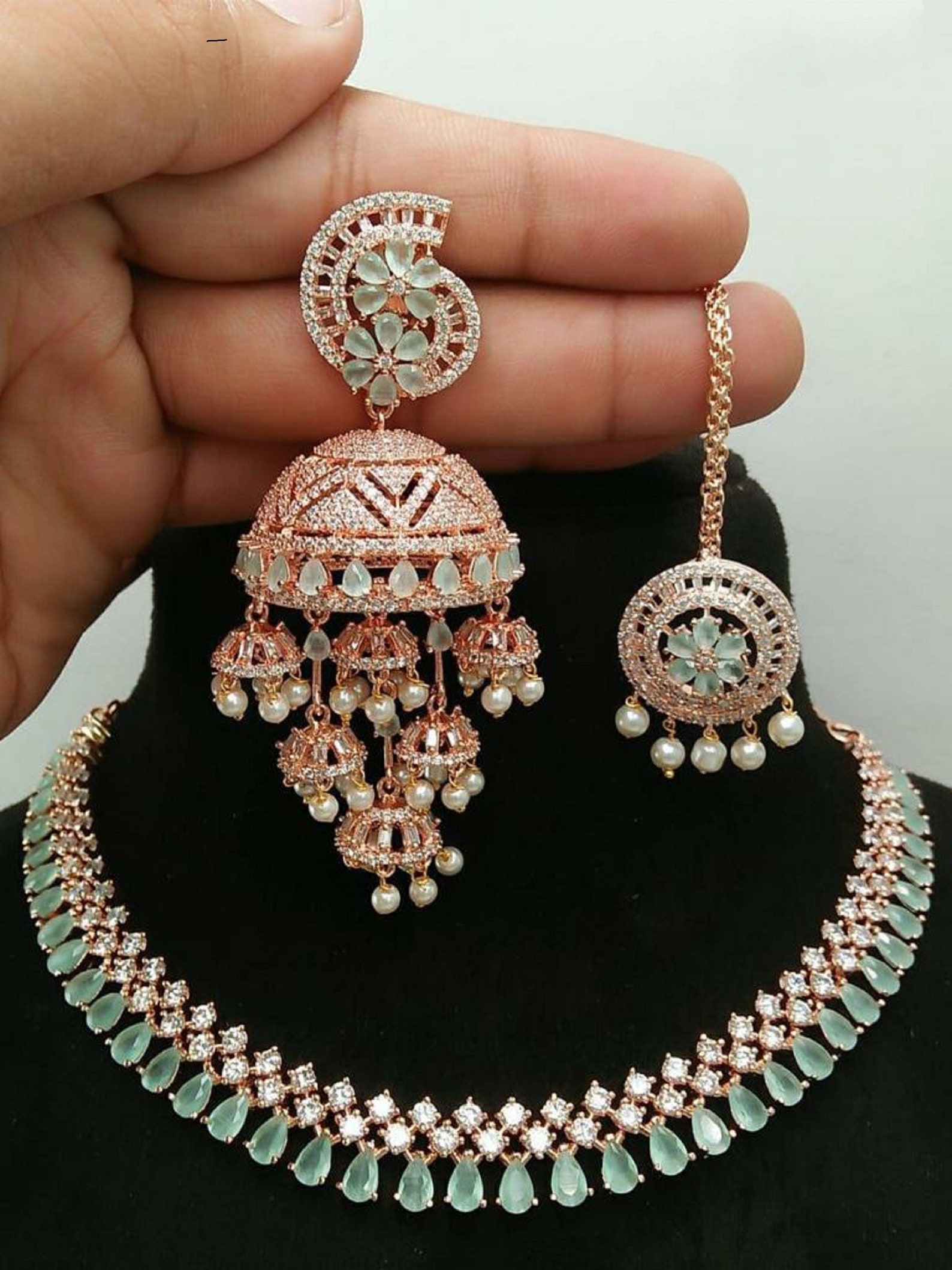 Multi Color Stone AD CZ Necklace And Jhumka main image 1