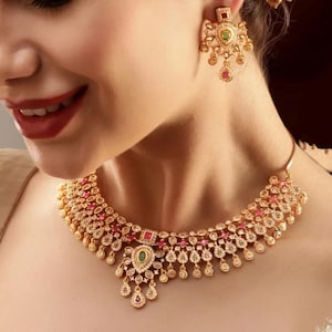 22 Karat Gold Plated American Diamond Kemphu Stone NECKLACE With Chandbali Earring Choker SET  Wedding South indian style  Pearl jewellery