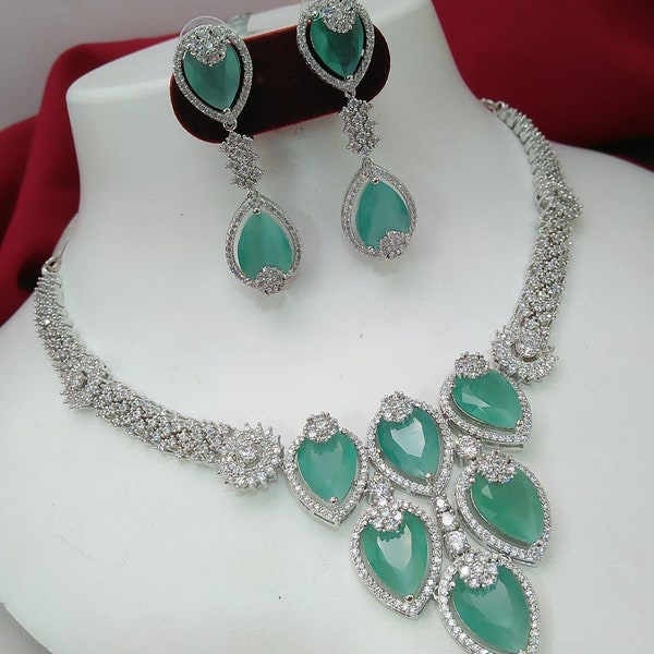 Amerikanische Diamant Choker Halskette Set mit Ohrring Combo Cz Stein gemacht Designer indischen Braut Halskette baumeln Ohrring Modeschmuck,