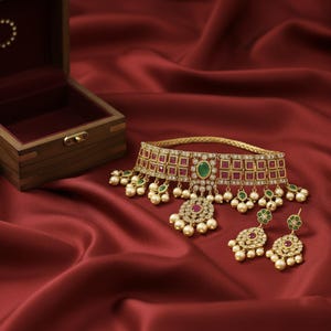 以下が含まれることがあります： 赤と緑の宝石とぶら下がっている真珠が付いた、金色のチョーカーネックレスとマッチングイヤリングセット。ジュエリーは、木製の箱の隣の赤いサテンの表面に表示されています。