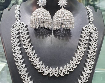 Silver Plated American DIAMOND, Long Double Layer Haram NECKLACE set With Jhumka Earring Complete Bridal Wedding  Indian CZ Jwellery set