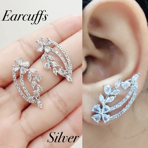 American Diamond Silver Pleated Cz ZIRONICA Stones Wedding, Bride, And Party Wear Light EARCUFF Earrings For Women And Girls