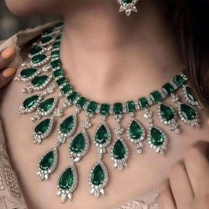 American DIAMOND Choker NECKLACE Set With Drop Earring  Cz Emerald Stone Made Designer Indian Bridal Wedding Necklace Traditional Jewellery,