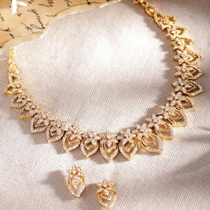 Gold Plated American Diamond mini choker NECKLACE With stud Earring Wedding South indian style traditional gold plated jewellery