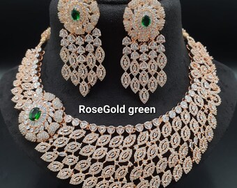 ElectrifyingJewelery American Diamond Choker Necklace Set with Earring Combo CZ Stone Made Designer Indian Bridal Necklace Dangle Earring Fashion Jewellery