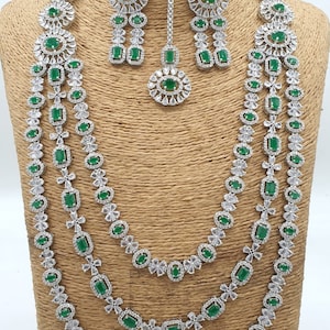 Long emerald diamond necklace set/green AD stones 3 lines necklace set with long earrings & Maangtikka/diamond emerald haram