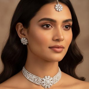 Peut inclure: Un ensemble de bijoux argentés étincelants avec un motif floral. L'ensemble comprend un collier ras du cou, des boucles d'oreilles et un bijou de tête. Les bijoux sont ornés de pierres claires et scintillantes, créant un look glamour et élégant.