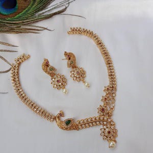 American Diamond GOLD Plated Necklace  Set Peacock Style South Indian Wedding Bridal Jewelry Pearl Necklace Set With Ruby and Green Stone