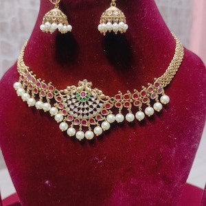 Gold Plated American Diamond NECKLACE With Khumki Earring Choker South indian style traditional Bridal jewellery Pearl Necklace