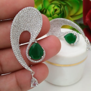 American DIAMOND  Ethnic Traditional Rhodium plated EARRINGS Cz Jewellery SET  Wedding And Party Wear Indian Bridal For Women And Girl