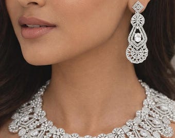 Conjunto de collar chapado en rodio con diamantes americanos y pendientes colgantes para novia y fiesta, conjunto de joyas nupciales ligeras de estilo indio