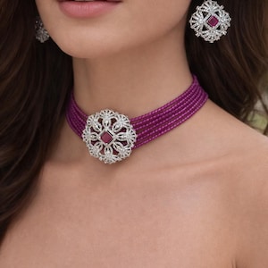 American Diamond Rhodium Plated crystal beads work chocker necklace and earring wedding party wear jewellery set