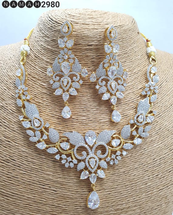 Gold Rhodium Plated American DIAMOND White stone NECKLACE With Earring COMBO Set Cz Designer Jewellery Wedding And Party Wear Set
