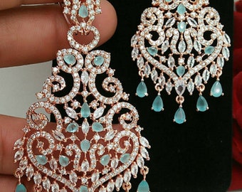 American Diamond Dangle EARRINGS with MAANG TIKA Set| Designer Indian Party Wear Bridal Jewellery Set For Women & Girl