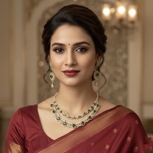 premium gold Plated Sleek Double line NECKLACE Set CZ Stone Made Ethnic Indian Bridal Combo Necklace with Earring American Diamond Set image 9