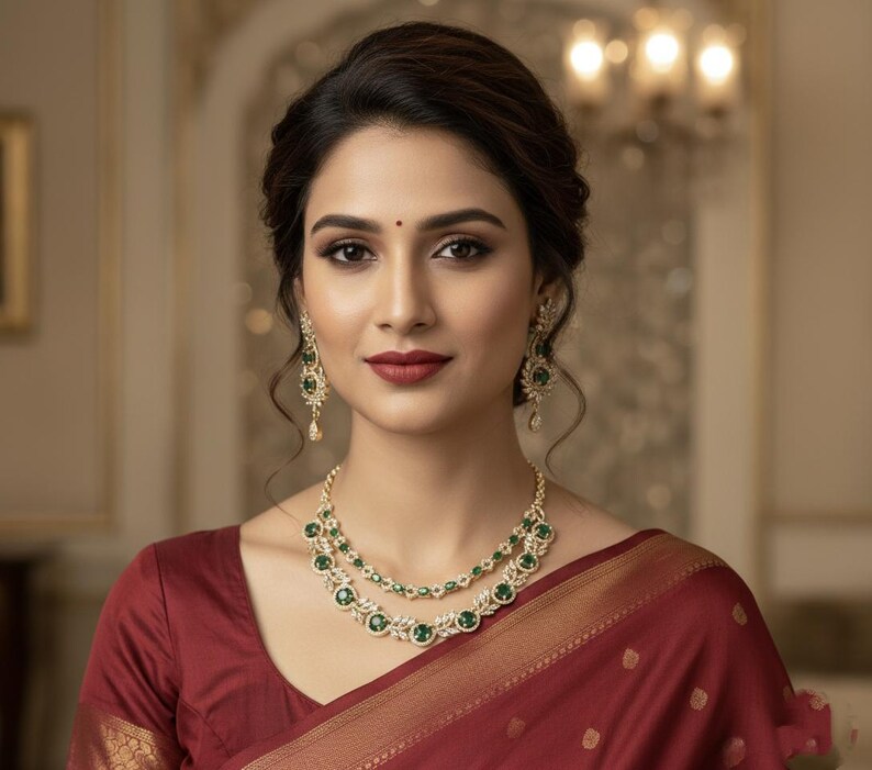 premium gold Plated Sleek Double line NECKLACE Set CZ Stone Made Ethnic Indian Bridal Combo Necklace with Earring American Diamond Set image 9