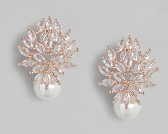 Diamond Oval Pearl  Stud Wedding Earrings, Diamond Bridal Earrings, CZ Earrings,crystal wedding earrings, bridesmaid earrings, modern STUD