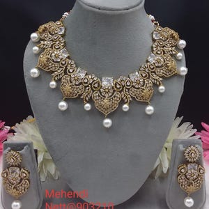 Mehendi Plated American diamond  Necklace Set with Pearl Drops | Indian Bridal Jewelry Set | Statement Wedding Festive Ethnic Jewelry Gift