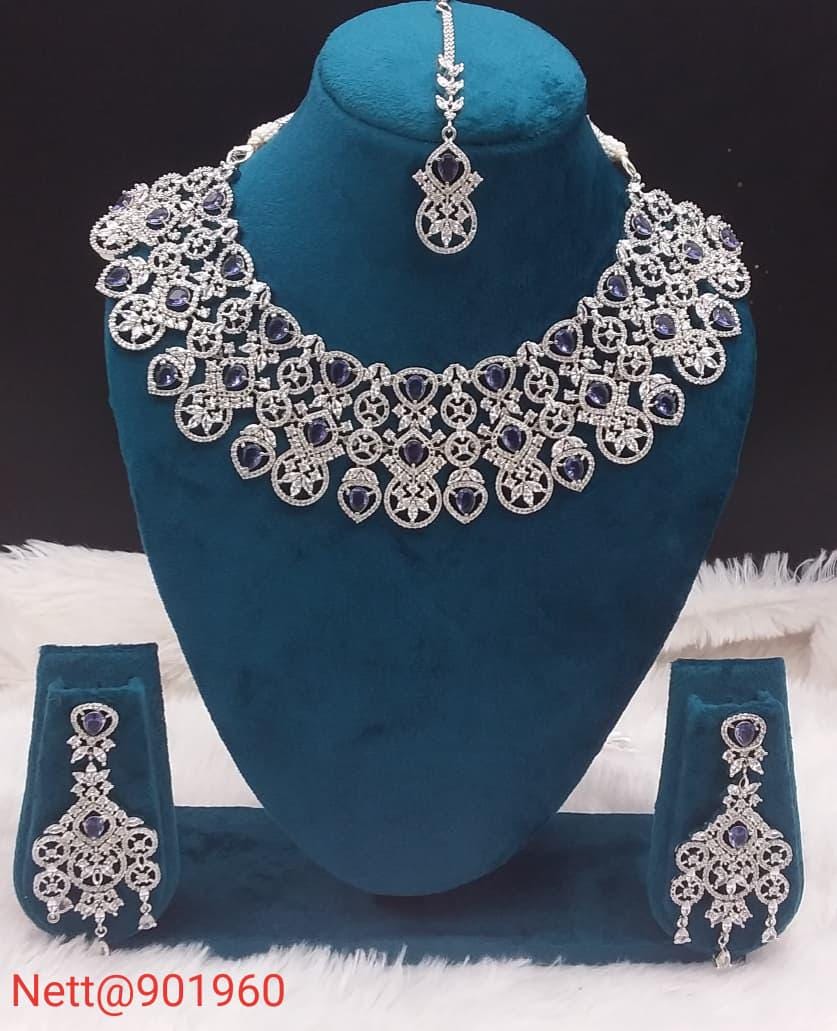 American DIAMOND Silver Plated CHOKER NECKLACE Set With Drop Earrings & Maangtika Combo Set Cz Wedding Bridal Indian Engagement Jewellery