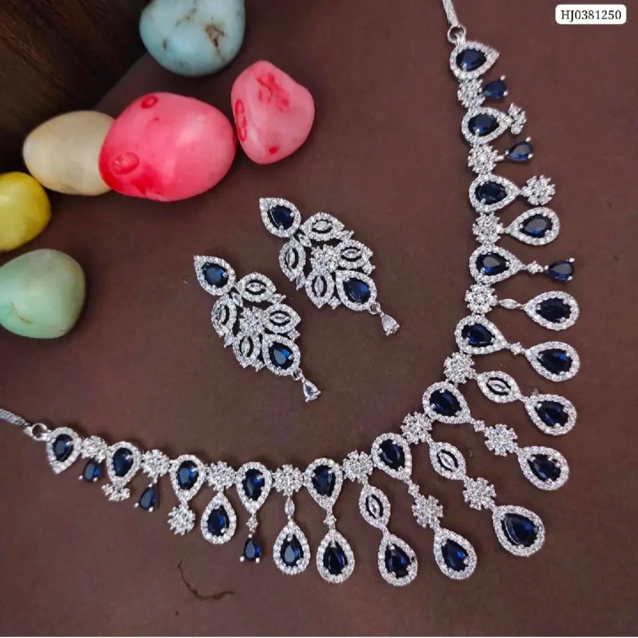 American Diamond Necklace silver Plated Chokar NECKLACE With Dangle Earring CZ Stone Designer Ethnic Indian Bridal Engagement Necklace Set