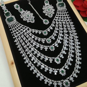 American DIAMOND, CZ Stone Long Haram 5 Line Long NECKLACE set With Earring Maangtika Bridal Bold  Wedding wear Indian Jwellery set For Wome