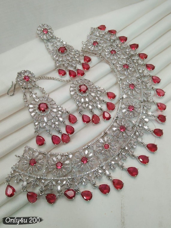 American DIAMOND, CZ Stone Choker NECKLACE Set With Earring