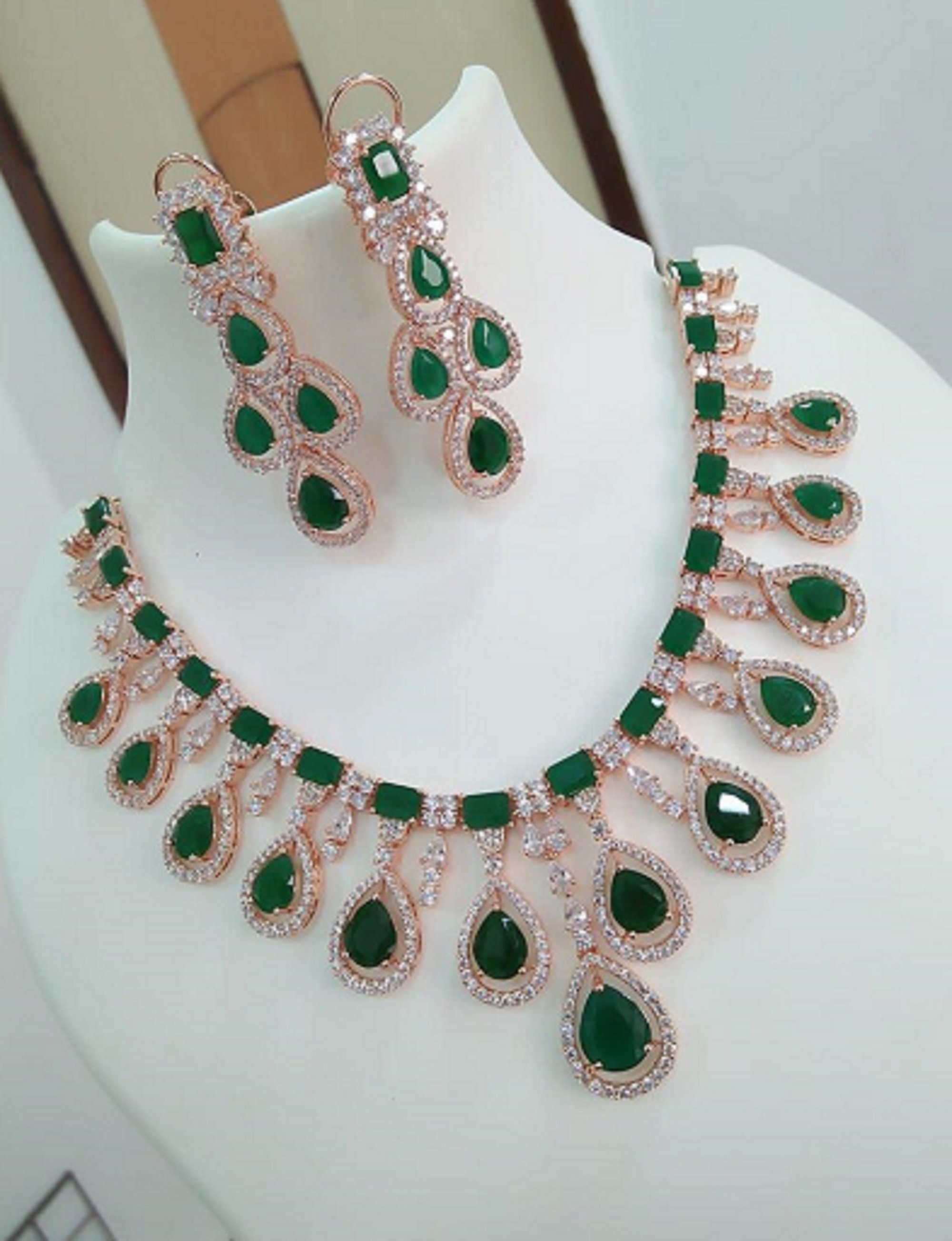 Efulgenz Floral Faux Pearl Indian Jewelry Set - Green Crystal Stone Choker Necklace & Dangle Earrings, Bohemian Bridal Set - View #4