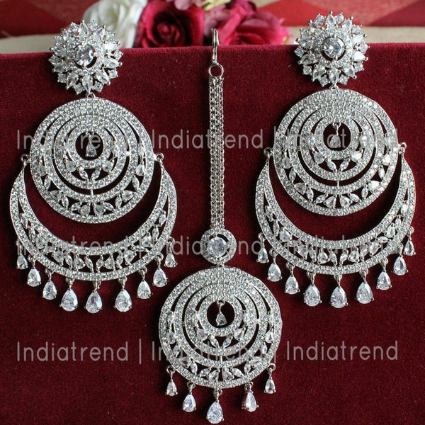 American Diamond Indian Jewelry Design Chandbali Earrings with MAANG TIKA COMBO Set| clear crystal rhinestone dangle earrings Jewelry