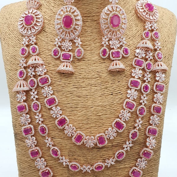 Long emerald diamond necklace set/Ruby AD stones 3 lines necklace set with long Jhumka earrings /diamond emerald haram Bridal Wedding Indian