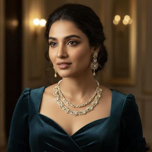 premium gold Plated Sleek Double line NECKLACE Set CZ Stone Made Ethnic Indian Bridal Combo Necklace with Earring American Diamond Set image 10