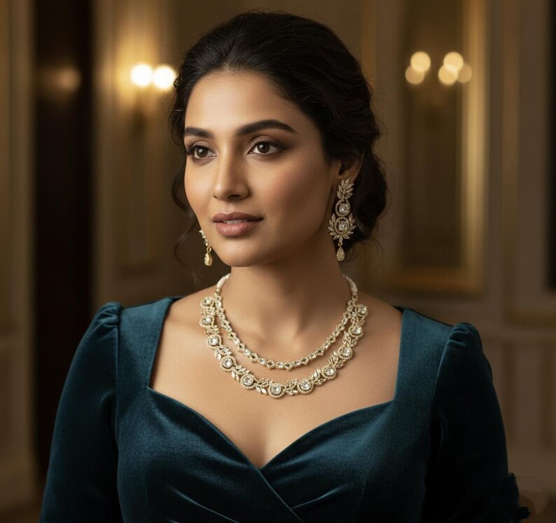 premium gold Plated Sleek Double line NECKLACE Set CZ Stone Made Ethnic Indian Bridal Combo Necklace with Earring American Diamond Set image 10