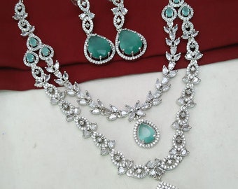 Silver Plated American DIAMOND, Long Haram NECKLACE set With Earring Double line Complete Bridal Wedding  Indian CZ Jwellery set For women
