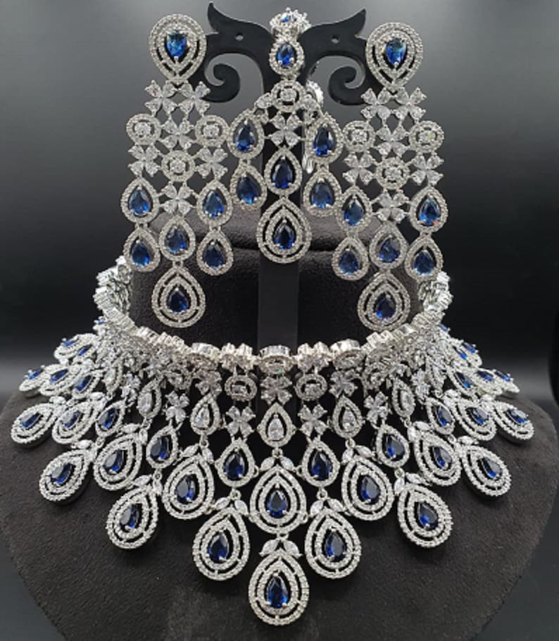 Blue American Diamond Choker Necklace Set