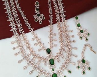 American DIAMOND, CZ Stone Long Haram 3 Line NECKLACE set With Earring Maangtika combo Bridal  Wedding wear Indian Jwellery set For Women