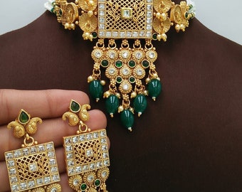 Gold Plated Kundan Choker NECKLACE EARRING Set| dangle Pearl earrings Indian Jewelry Pearl Jewellery Kundan Bridal Jewellery set For Women