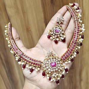 Gold Plated American Diamond Kemphu Stone NECKLACE With Chandbali Earring Choker SET  Wedding South indian style traditional Pearl jewellery