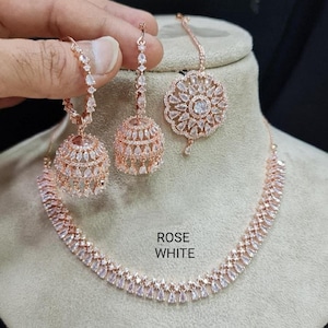 American DIAMOND Rose Gold/Silver Plated CHOKER NECKLACE Set With Hoop Earrings & Maangtika Combo Set Stone  Wedding Bridal Indian Jewellery