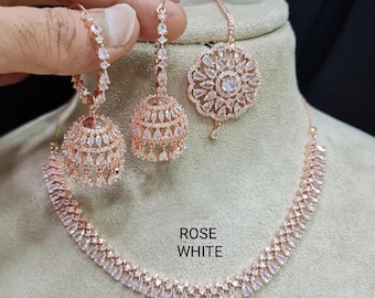 American DIAMOND Rose Gold/Silver Plated CHOKER NECKLACE Set With Hoop Earrings & Maangtika Combo Set Stone  Wedding Bridal Indian Jewellery