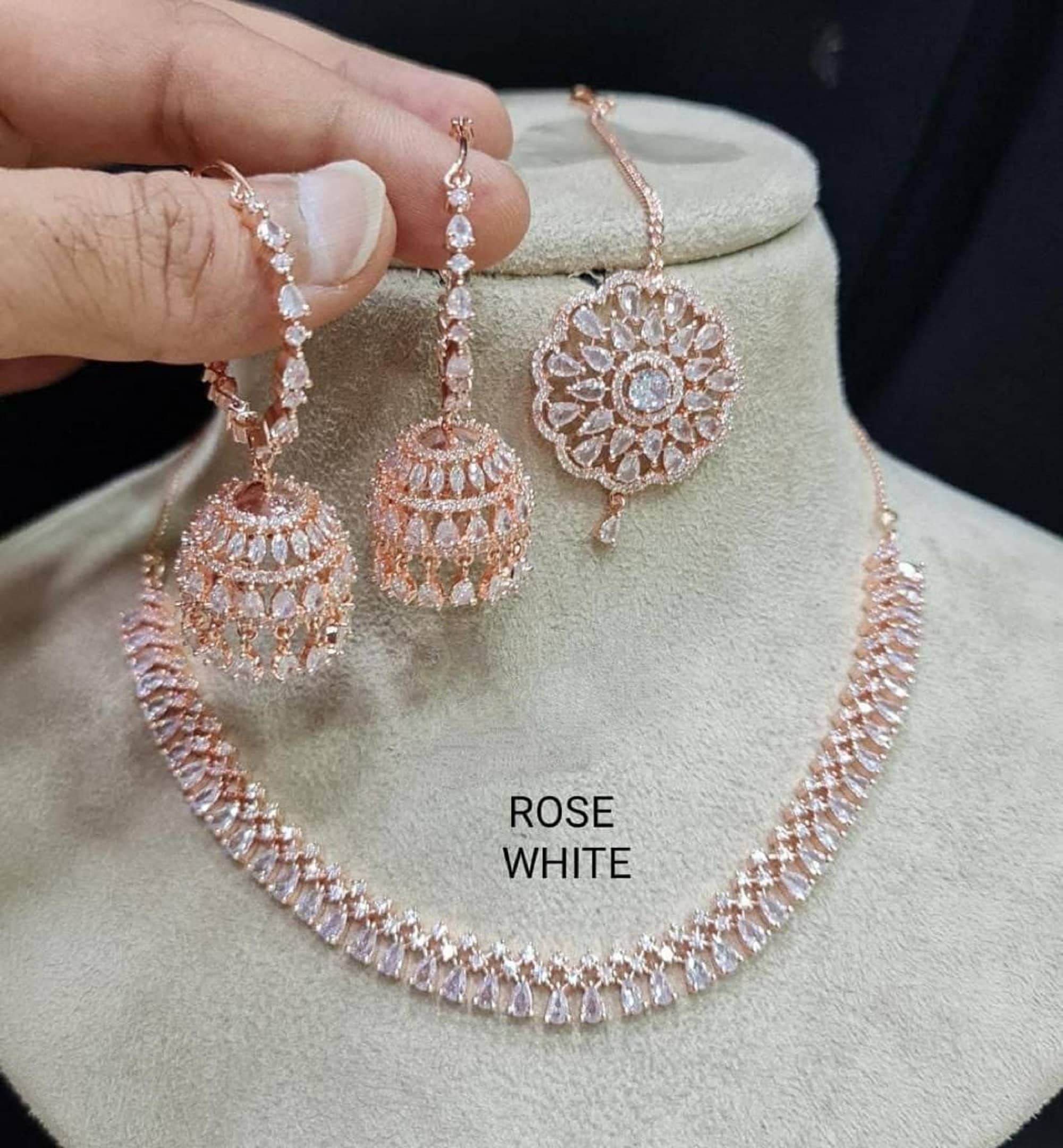 ElectrifyingJewelery American Diamond Rose Gold/Silver Plated Choker Necklace Set with Hoop Earrings & Maangtika Combo Set Stone Wedding Bridal Indian Jewellery
