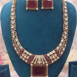 Mehendi Plated Doublet Kundan Necklace Set, Ruby Red Bridal Jewelry, Indian Wedding Statement Necklace with Earrings, Ethnic Jewelry Gift