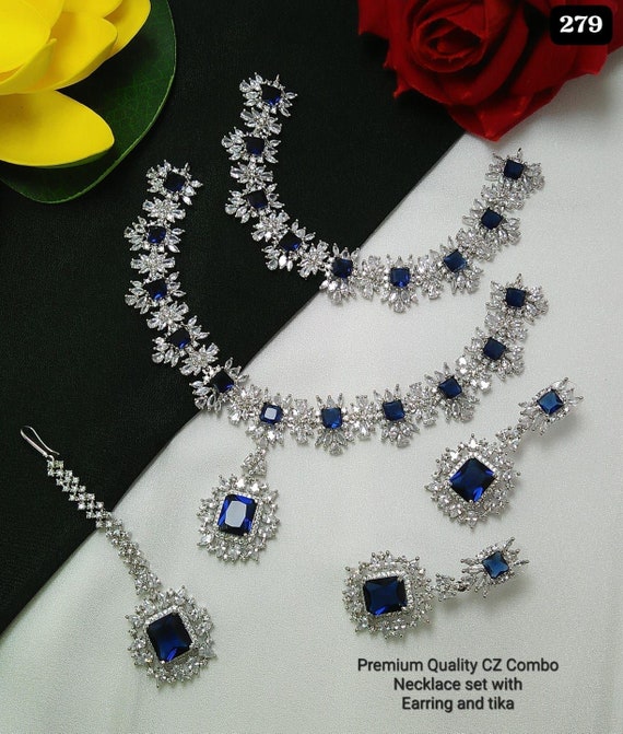 Silver Plated American DIAMOND, Long Double NECKLACE Set With